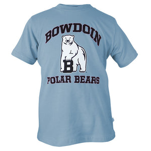 Light blue short-sleeved T-shirt with chest imprint of black arched BOWDOIN over polar bear mascot over black POLAR BEARS.