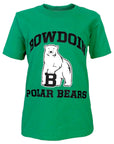 Bright green short-sleeved T-shirt with chest imprint of black arched BOWDOIN over polar bear mascot over black POLAR BEARS.