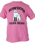 Pink short-sleeved T-shirt with chest imprint of black arched BOWDOIN over polar bear mascot over black POLAR BEARS.