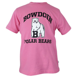 Pink short-sleeved T-shirt with chest imprint of black arched BOWDOIN over polar bear mascot over black POLAR BEARS.