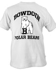 White short-sleeved T-shirt with chest imprint of black arched BOWDOIN over polar bear mascot over black POLAR BEARS.