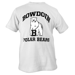 White short-sleeved T-shirt with chest imprint of black arched BOWDOIN over polar bear mascot over black POLAR BEARS.