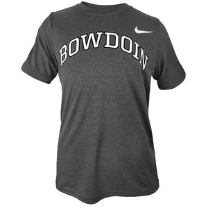 Carbon heather children's short sleeved tee with white Nike Swoosh on left shoulder and arched Bowdoin imprint on chest in white with black stroke outline.