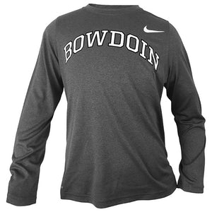 Long sleeved children's carbon heather T-shirt with white Nike Swoosh on left shoulder and arched BOWDOIN imprint on chest in white with black stroke outline.