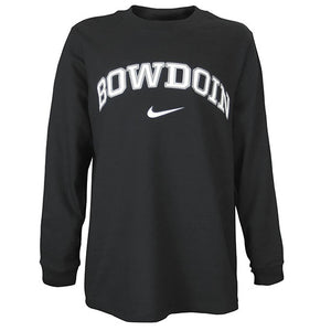 Children's black long-sleeved tee with arched BOWDOIN in white with silver outline over white Nike Swoosh.