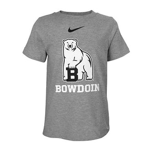 Toddler's heather grey T-shirt with chest imprint of black Nike Swoosh over Bowdoin polar bear mascot over the word BOWDOIN in white.