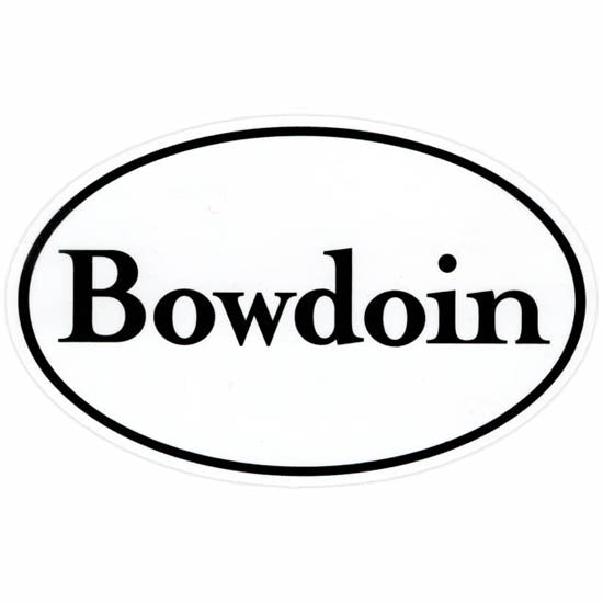 White oval decal with BOWDOIN wordmark and black border.