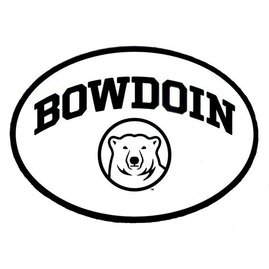 White oval decal with black imprint of BOWDOIN arched over mascot medallion.