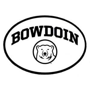 White oval decal with black imprint of BOWDOIN arched over mascot medallion.