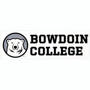 White bumper sticker with polar bear mascot medallion on a gray background on the left and the words BOWDOIN COLLEGE in black stacked to the right of the medallion.