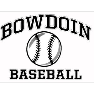 Rectangular clear decal with BOWDOIN in black with a white stroke, arched over a black-and-white baseball icon over the word BASEBALL in black with a white stroke outline.