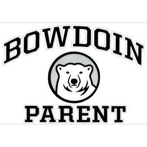 Rectangular clear decal with BOWDOIN in black with a white stroke, arched over a polar bear mascot medallion on a gray background over the word PARENT in black with a white stroke outline.