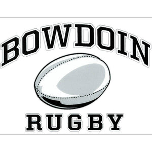 Rectangular clear decal with BOWDOIN in black with a white stroke, arched over a black-and-gray rugby ball icon over the word RUGBY in black with a white stroke outline.