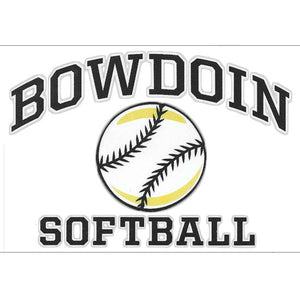 Rectangular clear decal with BOWDOIN in black with a white stroke, arched over a black-and-white softball icon over the word SOFTBALL in black with a white stroke outline.
