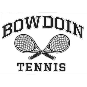 Rectangular clear decal with BOWDOIN in black with a white stroke, arched over a black-and-white crossed racquets icon over the word TENNIS in black with a white stroke outline.