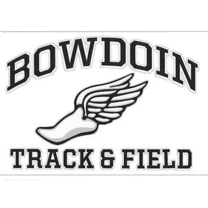 Rectangular clear decal with BOWDOIN in black with a white stroke, arched over a black-and-white winged foot icon over the words TRACK & FIELD in black with a white stroke outline.