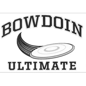 Rectangular clear decal with BOWDOIN in black with a white stroke, arched over a black-and-white flying disc icon over the word ULTIMATE in black with a white stroke outline.