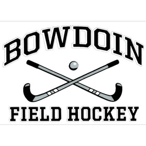 Rectangular clear decal with BOWDOIN in black with a white stroke, arched over a black-and-white crossed field hockey sticks and ball icon over the words FIELD HOCKEY in black with a white stroke outline.