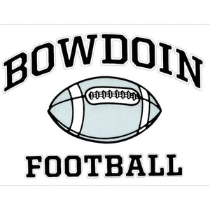 Rectangular clear decal with BOWDOIN in black with a white stroke, arched over a black-and-gray football icon over the word FOOTBALL in black with a white stroke outline.