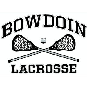 Rectangular clear decal with BOWDOIN in black with a white stroke, arched over a black-and-white crossed lacrosse sticks and ball icon over the word LACROSSE in black with a white stroke outline.