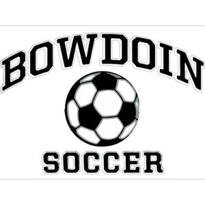 Rectangular clear decal with BOWDOIN in black with a white stroke, arched over a black-and-white soccer ball icon over the word SOCCER in black with a white stroke outline.