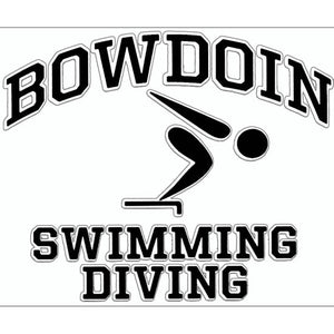 Rectangular clear decal with BOWDOIN in black with a white stroke, arched over a black-and-white diver icon over the words SWIMMING DIVING in black with a white stroke outline.