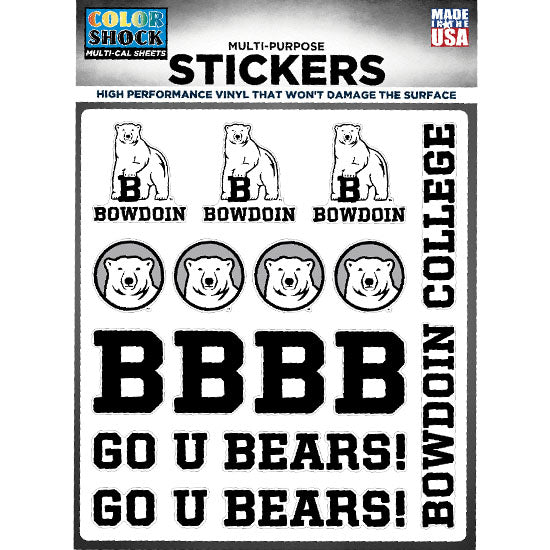 Sheet of stickers with different Bowdoin insignia: Mascot over Bowdoin, Mascot Medallion, Bowdoin B, Go U Bears!, and Bowdoin College.