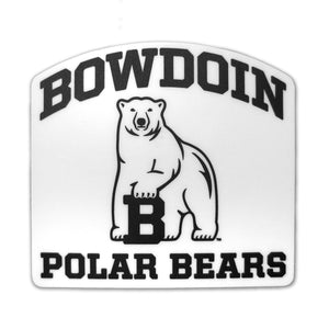 Square sticker with arched top, white with black imprint of BOWDOIN arched over polar bear mascot over POLAR BEARS.