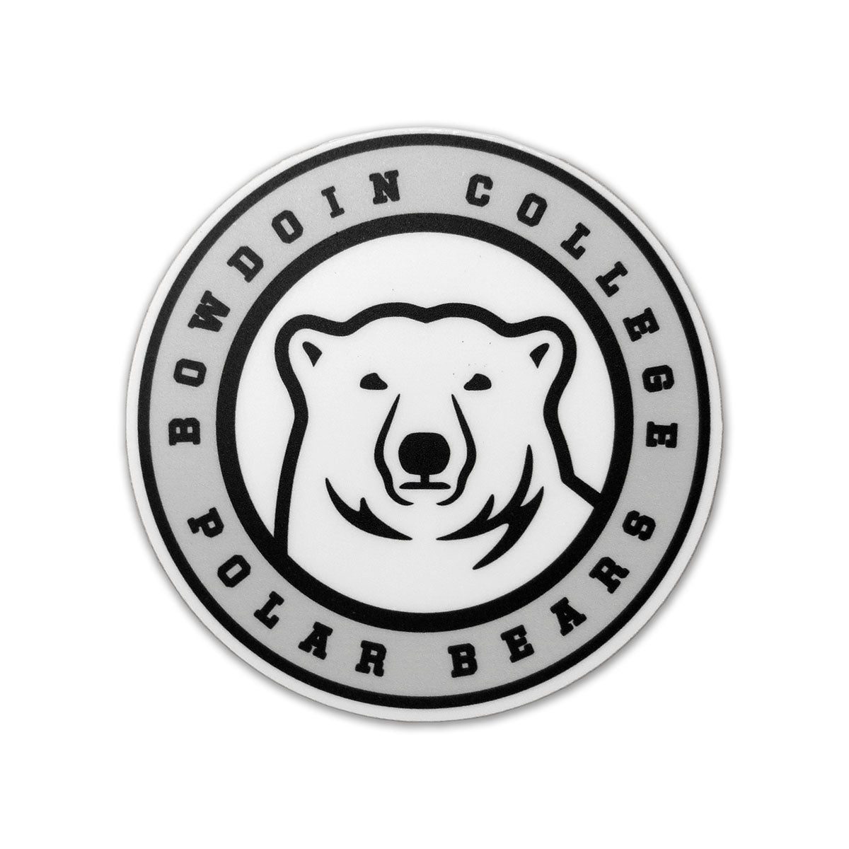 Polar bear medallion with grey band around the outside, with text BOWDOIN COLLEGE POLAR BEARS.