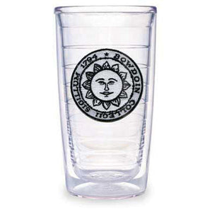 Clear plastic double-walled insulated tumbler with embroidered Bowdoin College sun seal patch.
