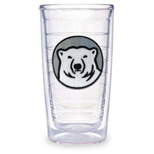 Clear plastic double-walled insulated tumbler with embroidered mascot medallion patch.