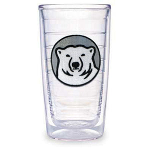 Clear insulated plastic tumbler with embroidered Bowdoin polar bear medallion patch between layers.