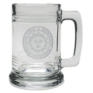 Clear glass tankard with engraved Bowdoin College seal.