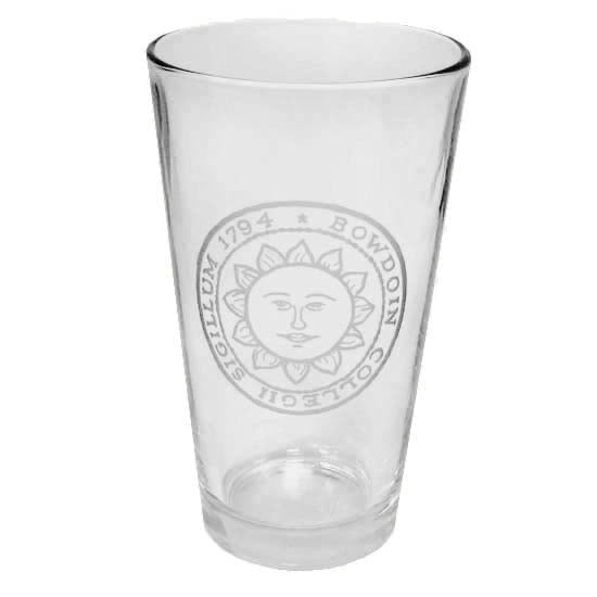 Clear pint mixing glass with engraved Bowdoin sun seal.