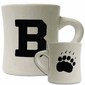 Montage of front and back of an off-white diner mug, showing one side imprinted with a large B and the other with a large polar bear paw print.