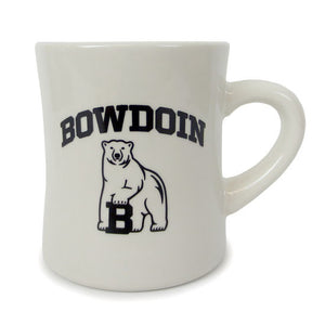 Off-white diner mug with black imprint of arched BOWDOIN over polar bear mascot.