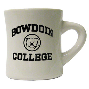 Off-white diner mug with black imprint of arched BOWDOIN over polar bear medallion over the word COLLEGE.