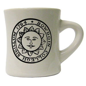 Off-white diner mug with black imprint of the official Bowdoin College sun seal.