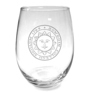 Clear stemless wine glass with engraved Bowdoin sun seal imprint.