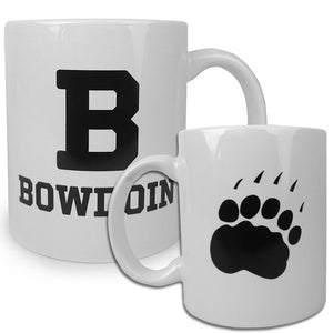 Front and back view of white mug with B & paw