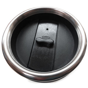 Travel mug lid detail showing stainless rim and black plastic top with slide to open.
