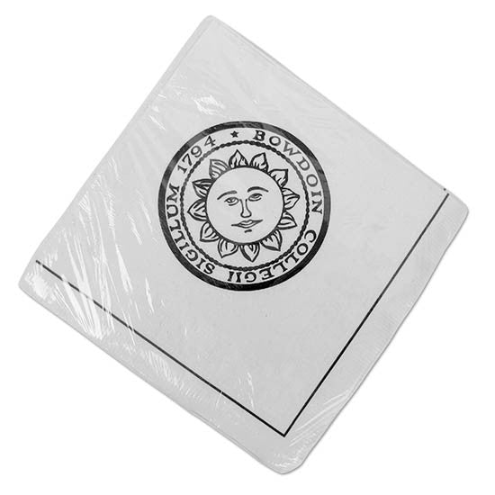 White cocktail napkins with black border and Bowdoin sun seal imprint.