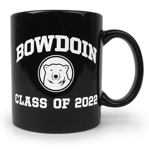 Black coffee mug with white imprint of BOWDOIN arched over mascot medallion over CLASS OF 2022.