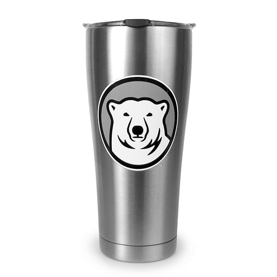 Stainless travel mug with mascot medallion imprint.