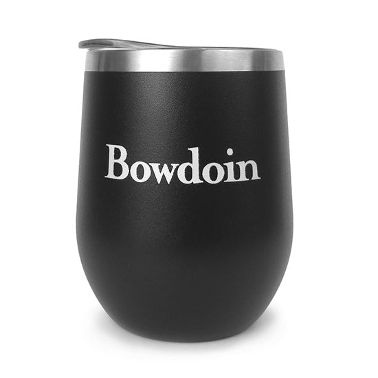 Matte black tumbler with steel rim and plastic lid. White BOWDOIN imprint.