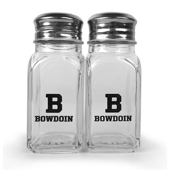 Pair of square glass salt and pepper shakers with black B over BOWDOIN imprint on each.