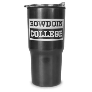 Gunmetal grey travel tumbler with white rectangle imprint with the word BOWDOIN in black, over an inset black rectangle with COLLEGE in white.