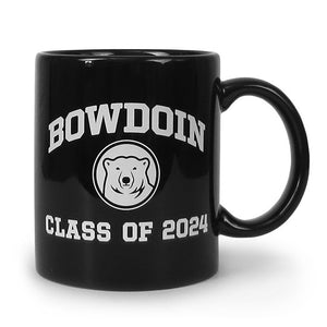 Black mug with white imprint of Bowdoin arched over mascot medallion over CLASS of 2024