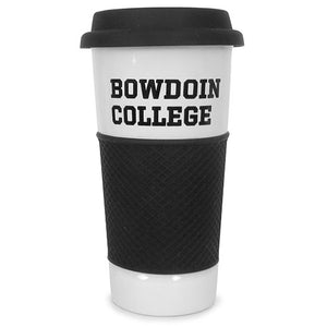White ceramic mug in classic to-go coffee cup shape. Black lid and gripper sleeve, and black BOWDOIN over COLLEGE imprint on mug above sleeve.
