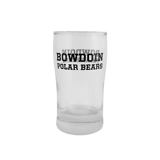 Clear tasting glass with black imprint BOWDOIN over POLAR BEARS on both sides.